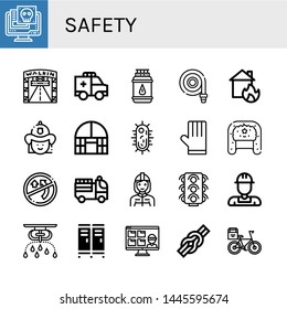 Set of safety icons such as Virus, Walking street, Ambulance, Gas bottle, Fire hose, House on fire, Firefighter, Dome greenhouse, Gloves, Hat, No overtaking, Fire truck , safety