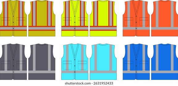 Set safety jackets or vests in different colors. Work uniform with reflective stripes. Vector illustration. safety vests mockup front and back view on white background.