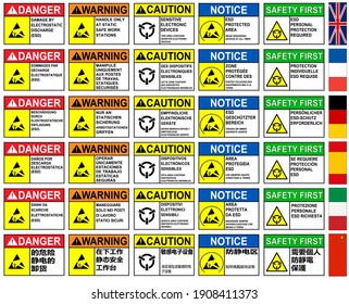 Set Of Safety label for Electrostatic Sensitive Device (ESD) with multi language such as French, German, English, Chinese, Spanish, Italian ,Isolated On White Background Label .EPS10