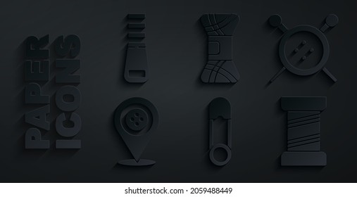 Fijar el pasador de seguridad, el botón de coser y las agujas de punto, Tienda de sastre de posición, hilo, icono Yarn y Zipper. Vector