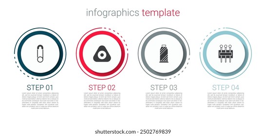 Set Safety pin, Sewing chalk, thread on spool and Needle for sewing. Business infographic template. Vector