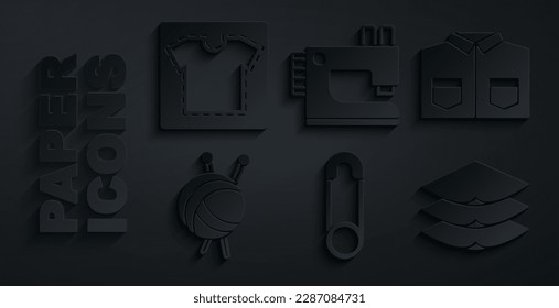 Set Safety pin, Shirt, Yarn ball with knitting needles, Layers clothing textile, Sewing machine and pattern icon. Vector