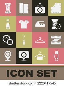 Set Safety pin, Tape measure, Sewing thread and button, Tailor shop, T-shirt, Zipper, Yarn and Electric iron icon. Vector