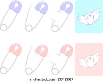 set of safety pins and diaper illustration, pink and blue fo baby girl and boy