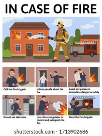 Set Of Safety Rules In Case Of Fire In The House. Information Poster With Text, Situations And Characters. Flat Vector Illustration.