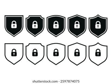 Set of Safety shield lock icon symbol. Shield with padlock.  icon set. Protection approve sign. Vector shield for patch, insignias, safety and protection sign.