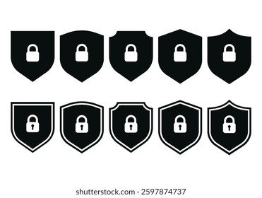 Set of Safety shield lock icon symbol. Shield with padlock.  icon set. Protection approve sign. Vector shield for patch, insignias, safety and protection sign. Vector illustration