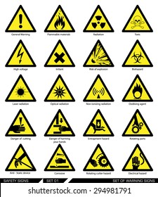 Set of safety signs. Caution signs. Collection of warning signs. Vector illustration. Signs of danger. Signs of alerts.

