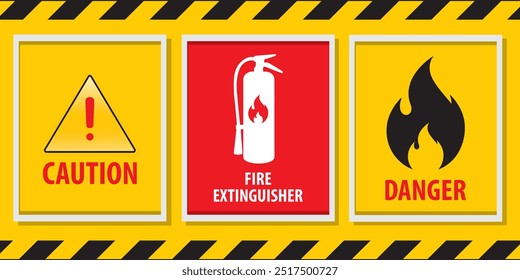 Conjunto de señales de seguridad, precaución, extintor, Vector de señales de peligro. Fuego, precaución, señal, seguridad, emergencia, alerta, advertencia, etiqueta. Puede utilizar para la infografía, el Anuncio, el cartel, el Diseño web.