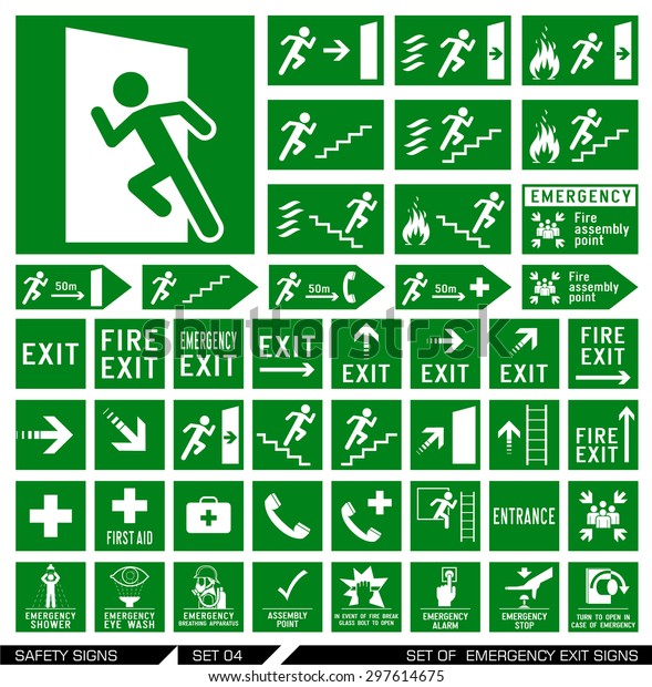 Set of safety signs. Exit signs. Set of\
emergency exit signs. Collection of warning signs. Vector\
illustration. Signs of danger. Signs of\
alerts.