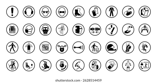 Set of safety signs for personal protective equipment. Black icons include goggles, gloves, helmets, masks, and safety apparel symbols.