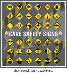 Set of safety signs and symbols of cave. Cave safety signs use to remind people to be aware of their safety during cave trekking.
