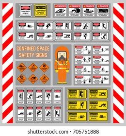 Set of safety signs and symbols of confined space, Signs and symbols for use as safety warning and regulation at confined space area, Rope buddy system