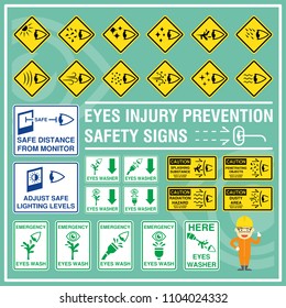 Set of safety signs and symbols of eyes injury prevention. Safety signs use to remind workers to be aware of their eyes safety and health. Signs of emergency eyes washer.