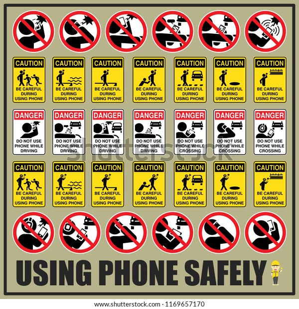 Set of\
safety signs and symbols of using phone safely are use to remind\
people to be aware of using phone during the\
day.
