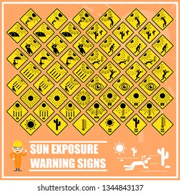 Set of safety signs and symbols for warning and remind people to care and aware while doing activities under the sun exposure. Extreme hot weather. Direct UV sunlight.