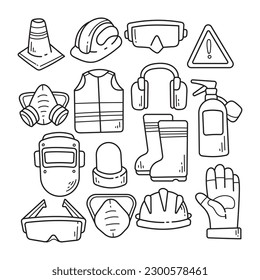 Set of safety tools element hand-drawn outline sketch illustration