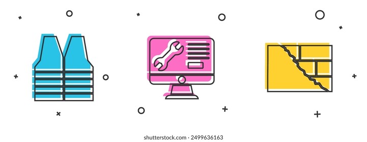 Set Safety vest, Computer monitor service and Bricks icon. Vector