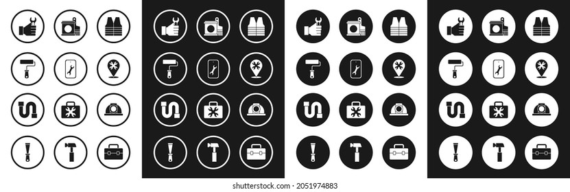 Set Safety vest, Mobile service, Paint roller brush, Wrench spanner, Location with wrench, bucket and, Worker safety helmet and Industry pipe icon. Vector