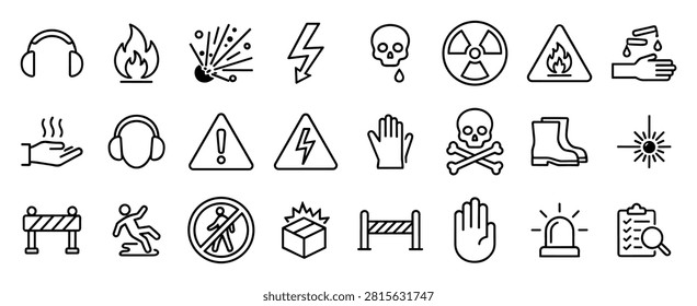 Set of safety warning and hazard outline icons including fire, radiation, toxic, electricity, protection equipment, and caution symbols on transparent background