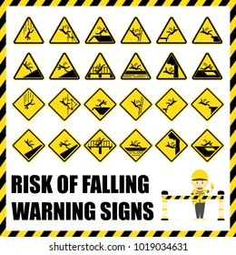 Set of safety warning signs and symbols of the risk of falling, Labels and signs using for fall hazard prevention.