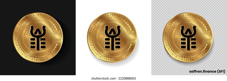 Set of  Saffron Finance SFI crypto currency logo symbol vector isolated on white, dark and transparent background. Can be used as golden coin sticker, icon, label, badge, print design and emblem