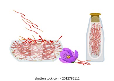 Set of saffron isolated on white background. Dried spice saffron threads in bowl and bottle. Crocus flower and stamens, glass dish and bottle full of saffron seasoning. Stock vector illustration