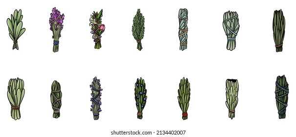 Set of sage and herbs sage smudge sticks bundles. Vector hand-drawn set of isolated doodles on white background. Collection of bundles. Sage, rosemary, lavender, cedar, juniper, mugwort