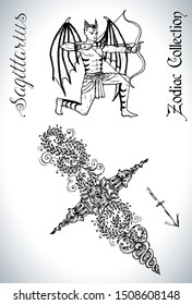 Set with Sagittarius zodiac sign and mascot drawing. Collection of astrological symbols in baroque victorian style and characters. Vector hand drawn illustration for Horoscope, Esoteric design