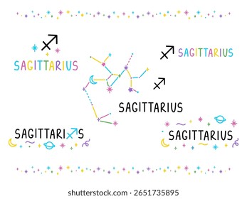 Conjunto de canções do zodíaco de Sagitário. Constelações coloridas de desenhos animados e letras cantam. Tatuagem de talismã de caneta de feltro desenhado à mão, logotipo, adesivo. Elemento isolado.