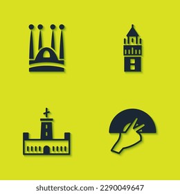 Set Sagrada Familia, Fan flamenco, Montjuic castle and Giralda icon. Vector