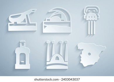 Set Sagrada Familia, Peineta, Orujo, Map of Spain, Concert hall de Tenerife and Spanish jamon icon. Vector