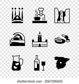 Set Sagrada Familia, Spanish cook, Algar waterfall, Sangria, Wine bottle with glass, Map of Spain, Concert hall de Tenerife and Montjuic castle icon. Vector