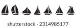 Set of sail boat vector icons. Black silhouette with sailboat and sea wave. Nautical yacht or sailboat.EPS 10