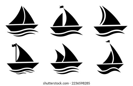 Set of sail boat vector icons. Black silhouette with sailboat and sea wave. Nautical yacht or sailboat.