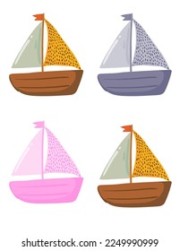 Conjunto de iconos vectores de embarcaciones de vela. Silueta negra con velero y ola marina. Yate náutico o velero náutico