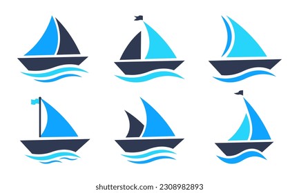 Set of sail boat vector icons. Silhouette with sailboat and blue sea wave. Nautical yacht or sailboat.