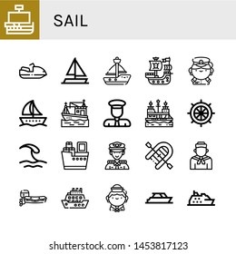 Set of sail icons such as Caravel, Motorboat, Sailing boat, Sailboat, Pirate ship, Captain, Boat, Rudder, Wave, Shipping, Inflatable boat, Sailor, Cruise, Yacht , sail