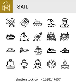 Set of sail icons. Such as Inflatable boat, Lifeboat, Boat, Wave, Captain, Cargo ship, Ship in a bottle, Pirate ship, Yacht, Motorboat, Cruise, Submarine, Caravel , sail icons