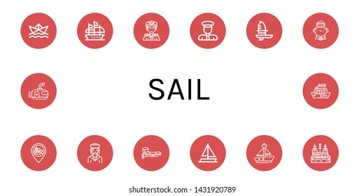 Set of sail icons such as Paper ship, Galleon, Captain, Windsurf, Sailor, Ship, Motorboat, Sailing boat, Sailboat, Pirate ship, Submarine, Cruise , sail