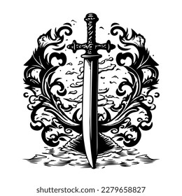 Set sail with the power of the sword. Hand drawn sword logo silhouette collection for your next adventure