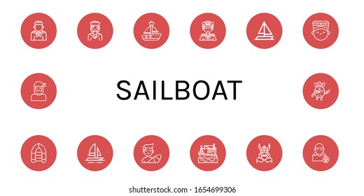 Set of sailboat icons. Such as Sailor, Sailboat, Captain, Sailing boat, Nefertiti, Inflatable boat, Boat, Surfer, Viking, Pirate , sailboat icons