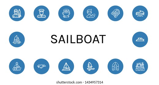 Set of sailboat icons such as Surfer, Captain, Lifeboat, Jet ski, Sailboat, Seagull, Sailing boat, Windsurf, Inflatable boat, Boat, Yacht , sailboat