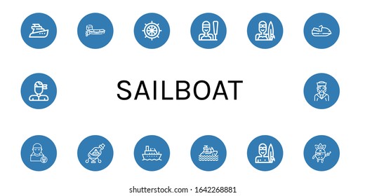 Set of sailboat icons. Such as Yatch, Motorboat, Rudder, Sailing, Surfer, Pirate, Ship in a bottle, Boat, Yacht, Sailor , sailboat icons