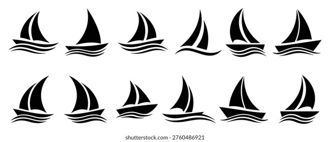 Set of sailboat silhouettes on waves, Nautical icons, Sailing symbols