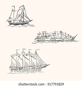 Set of sailboat and steamer drawings