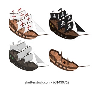 Set of sailers on a white background. Isolated sailboat in isometric style. 3d illustration of ancient ship. Pirate game. Vector illustration