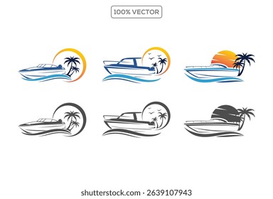 set of sailing boat in the blue ocean logos. Marine ship with sail in sea waves icon