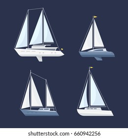 Set of sailing boat isolated on a dark background. Side view. Flat style.