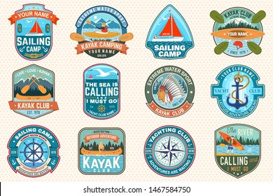 Set of sailing camp, canoe and kayak club patches. Vector. Concept for shirt, print, stamp or tee. Design with sea anchors, hand wheel, sail boat and river, kayaker silhouette. Extreme water sport.